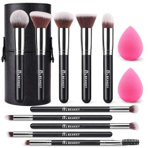 BEAKEY 13PCS Makeup Brush Set with Case & 2 Sponges. 10 Makeup Brushes Full Face Kit.